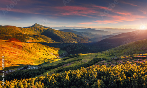 Wonderful atmosferic nature landscape of Carpatian moutains. stunning image morning picturesque scenery. vivid natural background. Awesome Alpine highland during sunset. used as background, wallpaper photo