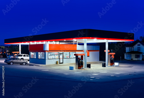 Generic Gasoline Station and Convenience Store at Dusk photo