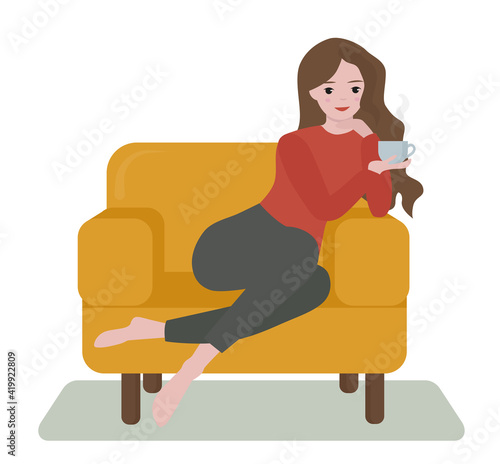 Flat style illustration. Girl with a long hair sitting on a couch. She is drinking hot coffee and thinking about something  good. She gives off relaxation vibes.