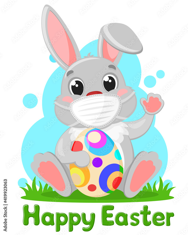 A gray rabbit in a medical mask with an Easter egg sits. Character, covid-19 A gray rabbit in a medical mask with an Easter egg sits. Character, covid-19
