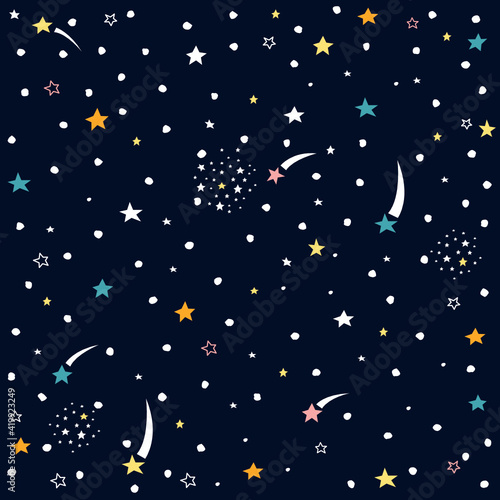 Hand drawn space galaxy vector seamless pattern.