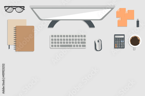 Freelancer s desktop, top view. The concept of working at home. Computer Desk with everything you need to work