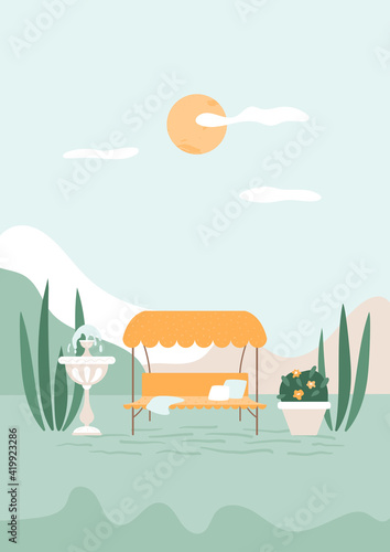 Summer illustration with swing with tent, pillows, plaid, fountain and lush flowers in ceramic pot. Abstract landscape with hills, sun and clouds.  Vector banner, card for vacation, resting concepts