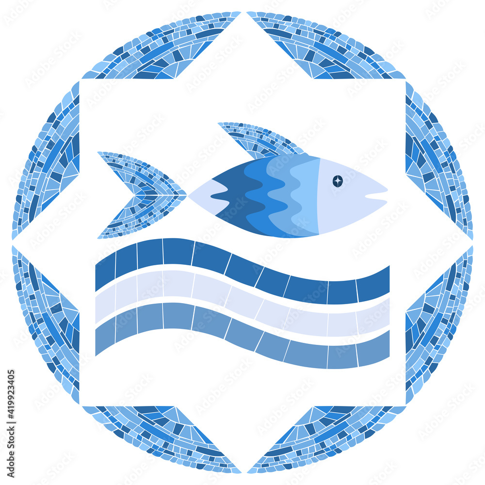 Naklejka premium Mosaic Fish in Circle Frame. Vector illustration for swimming pool or bathroom design. Image for emblem. Isolated on white background