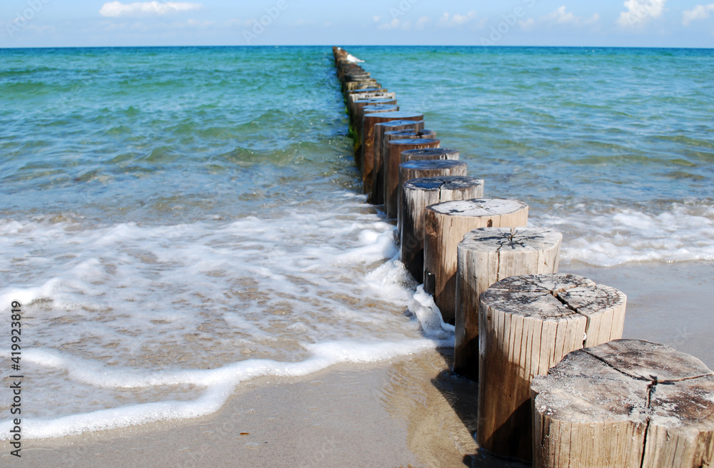 wooden groynes at the beach of german baltic sea wooden groynes at the beach of german baltic sea