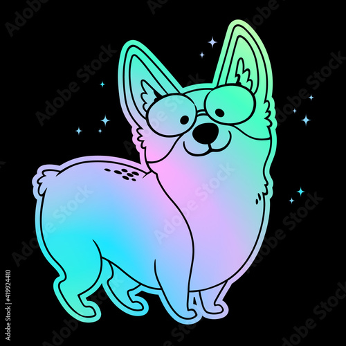 Cute corgi dog on holographic iridescent background