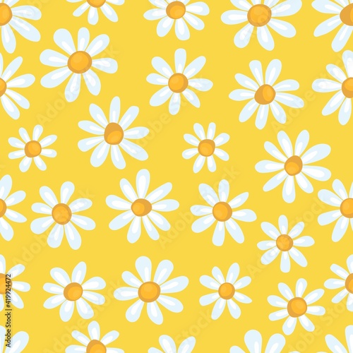 Seamless spring pattern with simple chamomile on yellow background. Print for fabric and wrapping paper. © barberry