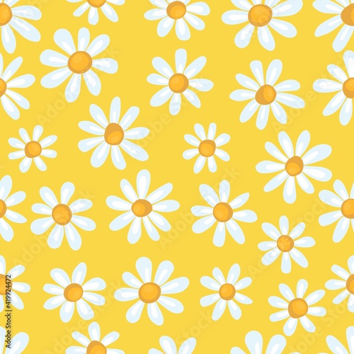 Seamless spring pattern with simple chamomile on yellow background. Print for fabric and wrapping paper.