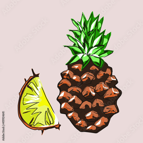 Pineapple, ananas, pine. Fruit. Veganism, vegetarianism, raw food diet, proper nutrition. Vector isolated objects.