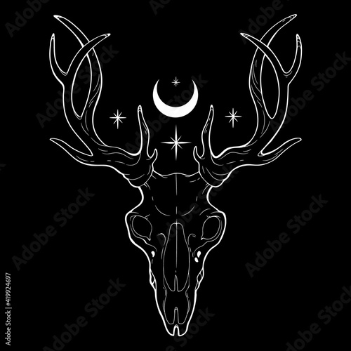 Skull of a ghostly mystical deer on a black background