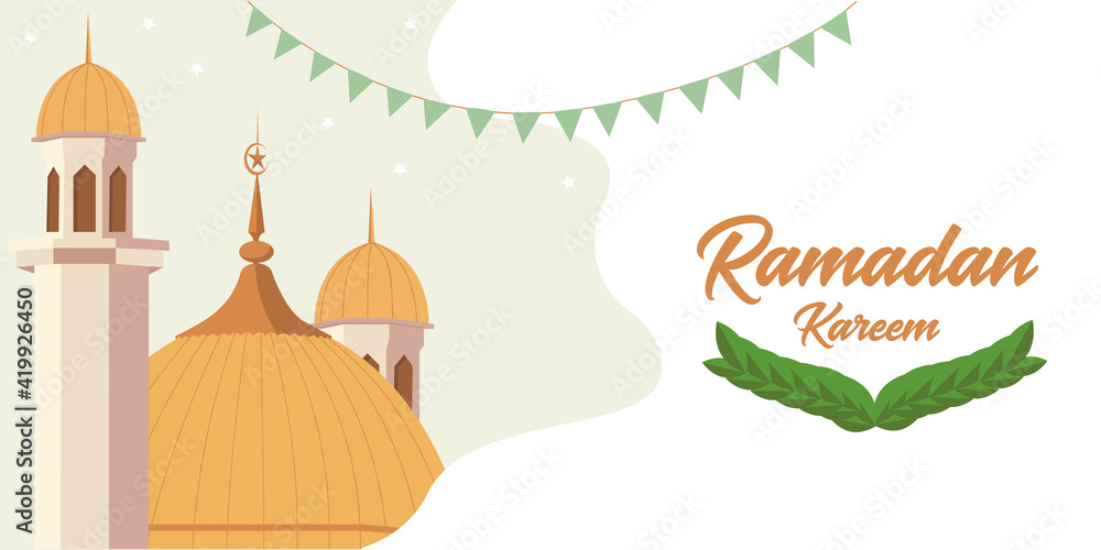 ramadhan greeting flat poster illustration with eid mubarak typography and islamic mosque background