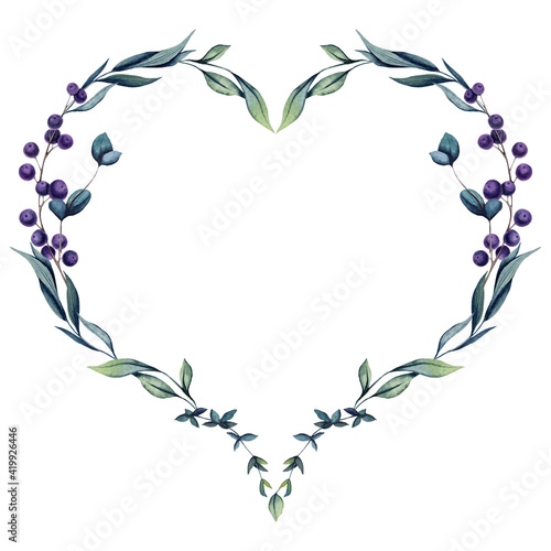 Heart Shape Wreath of Watercolor Leaves and Berries