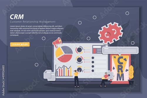 Customer relationship management illustration with landing page concept. CRM system, customer management, business development, Customer profile analysis. Flat design web banner template.