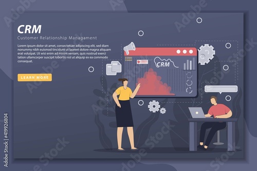 Customer relationship management illustration with landing page concept. CRM system, customer management, business development, Customer profile analysis. Flat design web banner template.