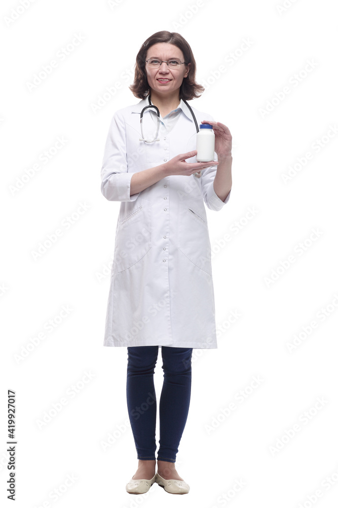 female doctor with disinfectant in hand. isolated on a white female doctor with disinfectant in hand. isolated on a white