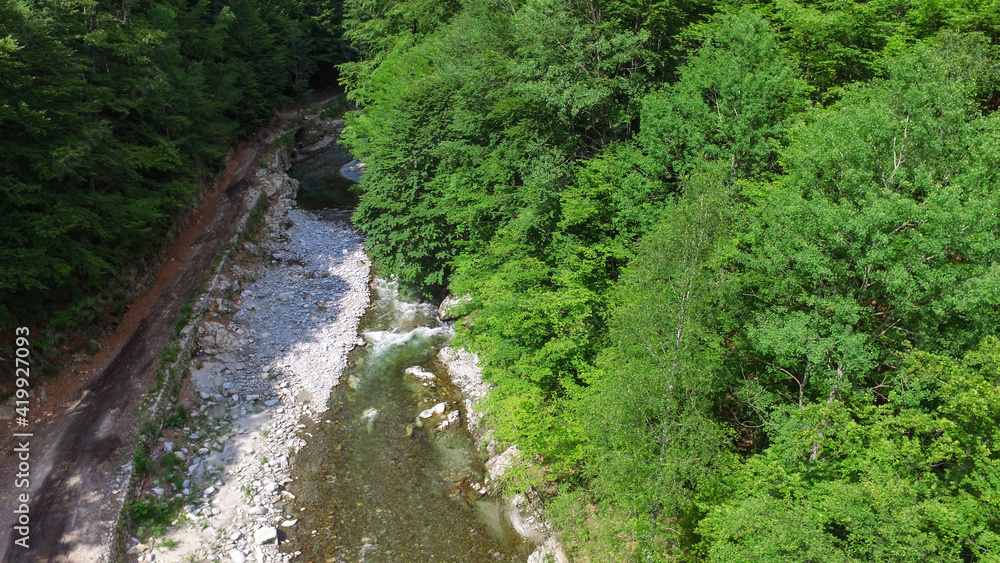 Aerial drone view above a mountain stream valley. Summer, Parang Mountains, Romania Aerial drone view above a mountain stream valley. Summer, Parang Mountains, Romania
