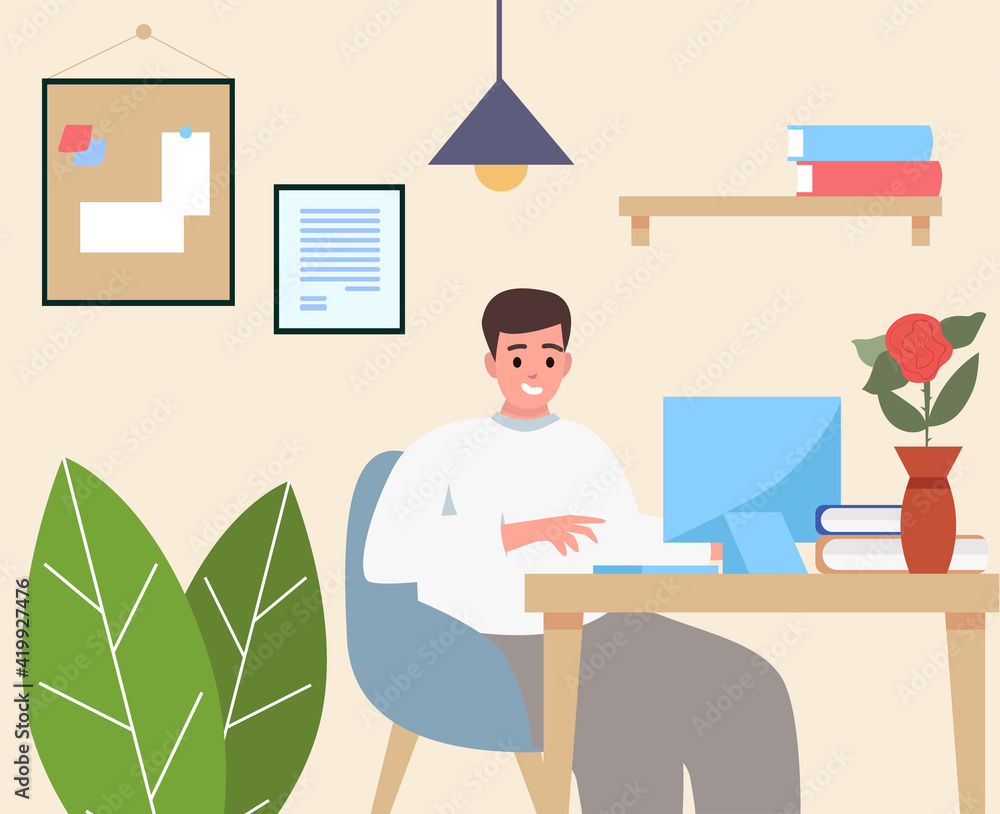 Fototapeta premium Man working from home, student or freelancer. Cute vector illustration in flat style. Home office concept