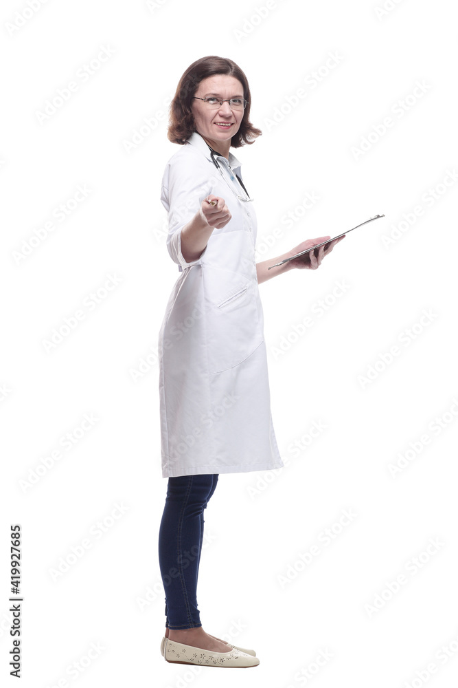 Mature female doctor with clipboard. isolated on a white Mature female doctor with clipboard. isolated on a white