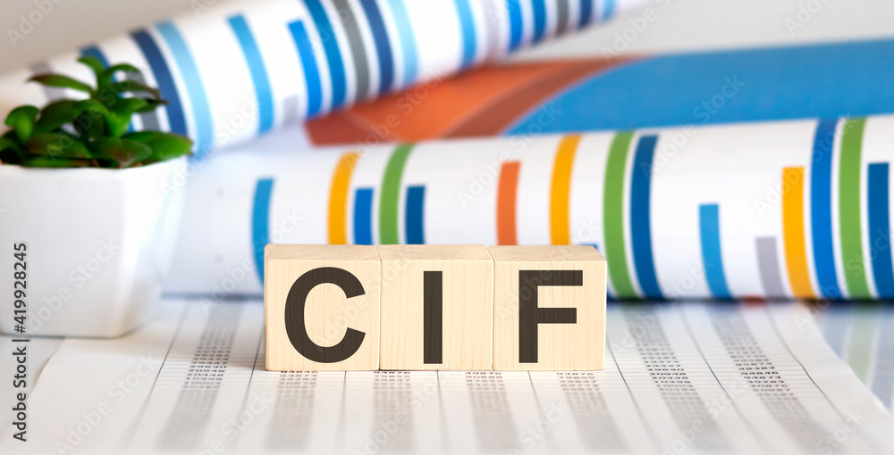 Word CIF made with wood building blocks on chart background
