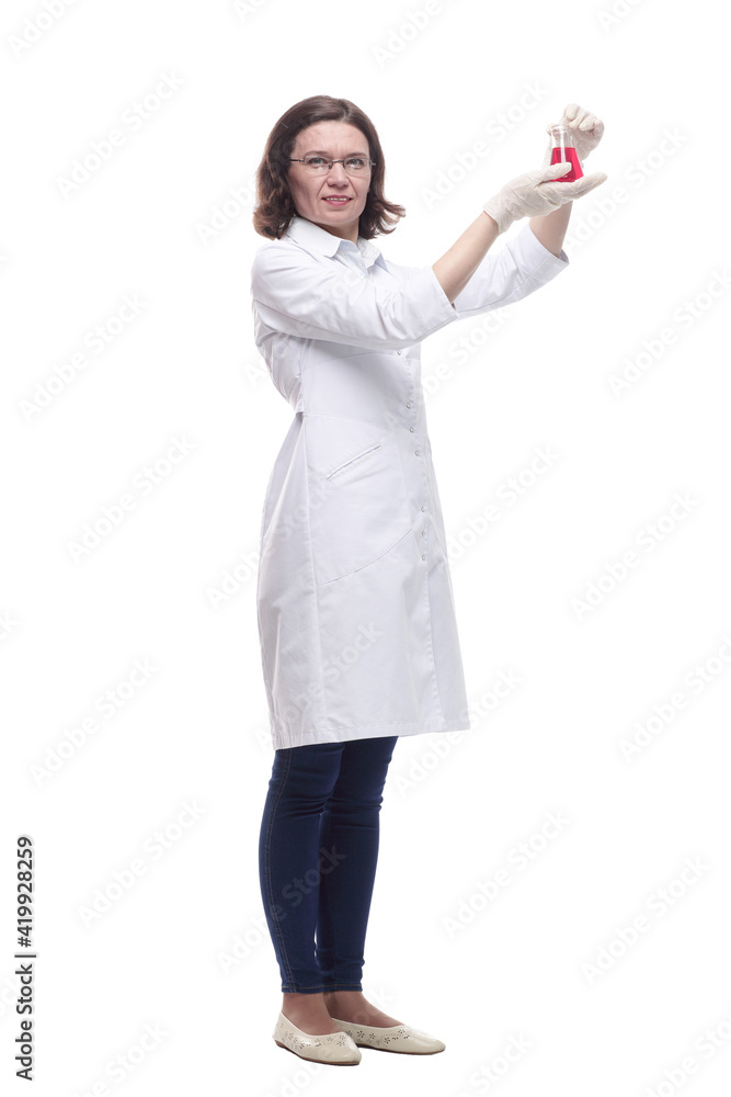 female doctor with a laboratory flask . isolated on a white female doctor with a laboratory flask . isolated on a white