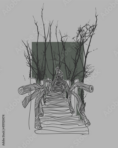 Wooden bridge in the jungle illustration. Vector illustration