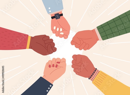 Raised fists. Successful team hands up to celebrate win. Diverse community fight and protest. Partnership, cooperation work vector concept