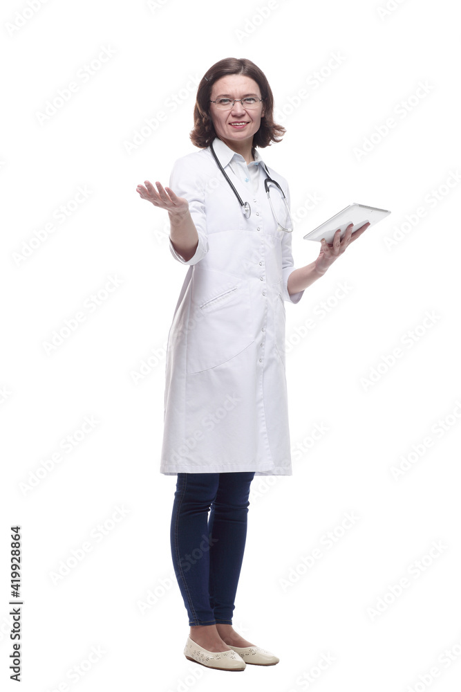 female doctor with a digital tablet. isolated on a white female doctor with a digital tablet. isolated on a white