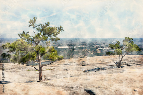 Summit of Stone Mountain, Stone Mountain Park, Georgia, USA. Quartz monzonite dome monadnock near Atlanta. Watercolor Illustration. photo