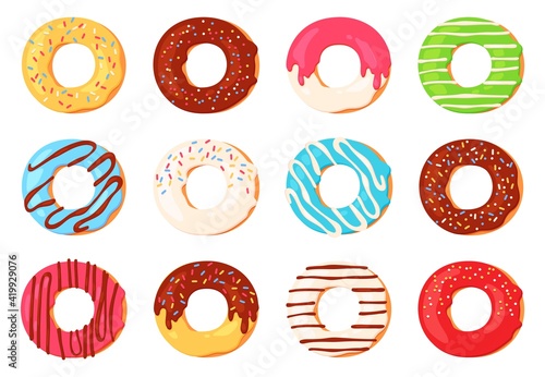 Cartoon donuts. Chocolate doughnut with icing and sprinkles top view. Round sweet dessert for cafe decoration. Donut glaze design vector set