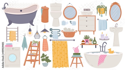 Bathroom furniture. Modern scandinavian bathtub, sink and toilet. Flat hygge bath interior elements, towels, mirrors and washer, vector set