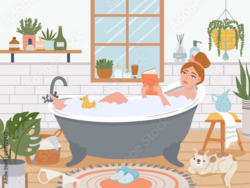 Woman in bath. Relaxed girl in bathtub with foam bubbles read in bathroom interior with plants. Self care and hygiene, spa vector concept