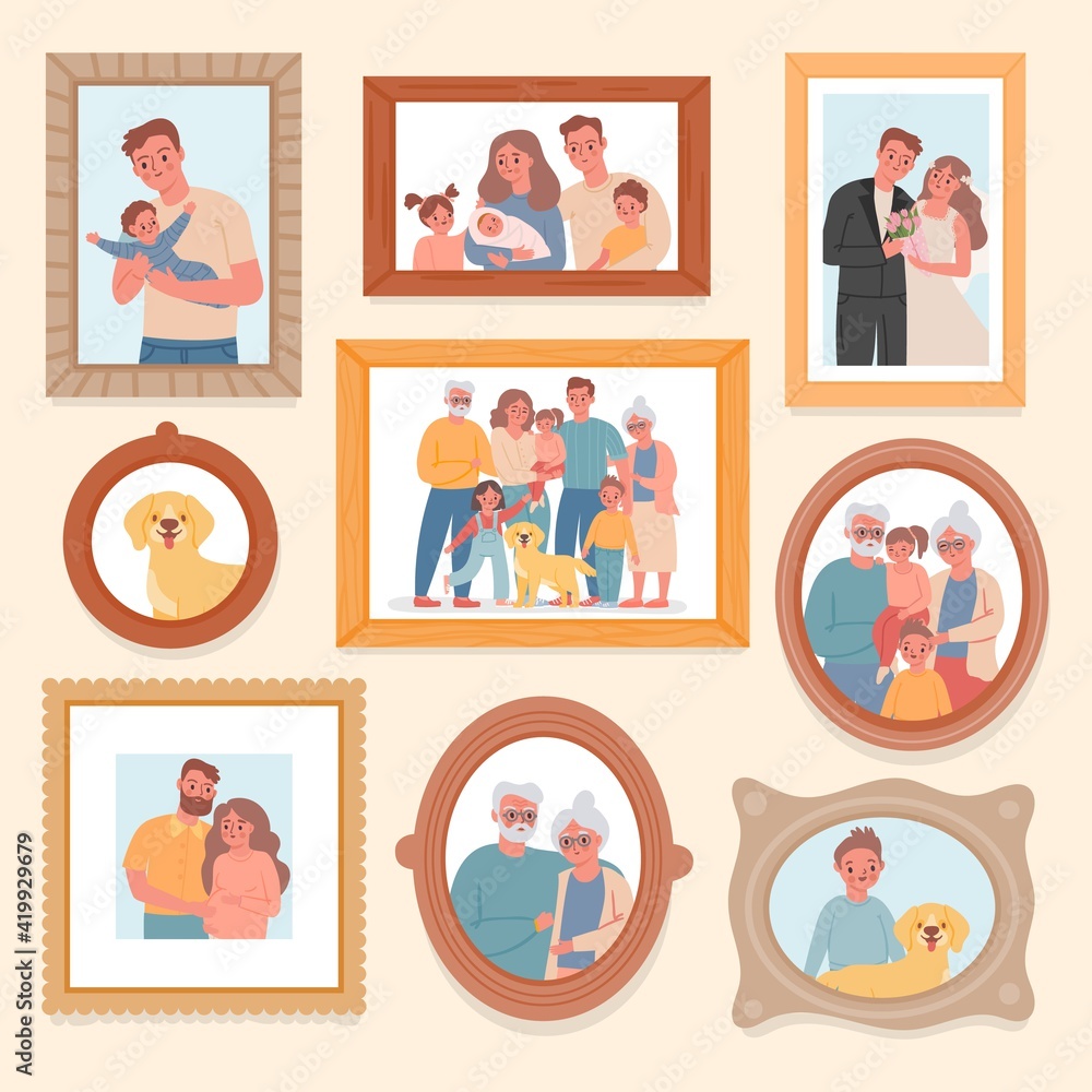 Family photos. Parents and kids portrait in frames. Memory pictures with wedding, grandparents, newborn baby. Big families vector photograph Family photos. Parents and kids portrait in frames. Memory pictures with wedding, grandparents, newborn baby. Big families vector photograph