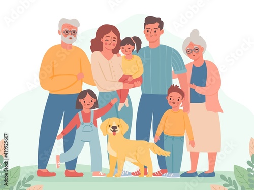 Big family. Happy parents, children, grandma and grandpa. Smiling dad, mom, kids and dog. Three generation standing together vector portrait