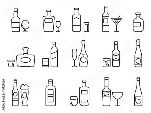 Alcohol drinks line icons. Outline bottles and glasses with beer, wine and bar cocktails. Pub menu symbols for alcoholic beverage vector set