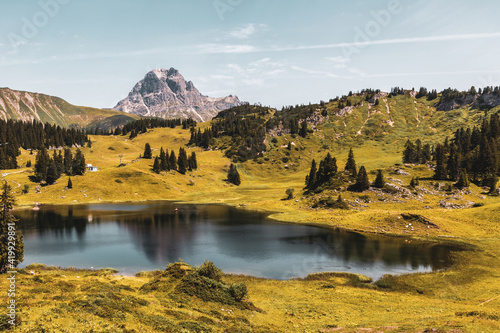 The lake Körbersee, a high mountain lake on the Hochtann Mountain Pas in the Austrian state of Vorarlberg.