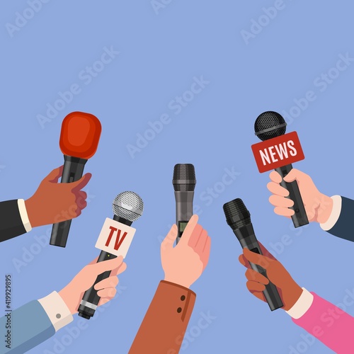 Journalist hands with microphones. Reporters with mics take interview for news broadcast, press conference or newscast. Media vector concept