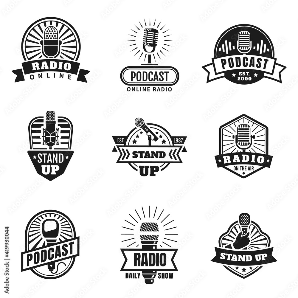 Radio emblems. Podcast, broadcast and studio badges with vintage microphones. Stand up logo with hand holding mic. Music station vector set