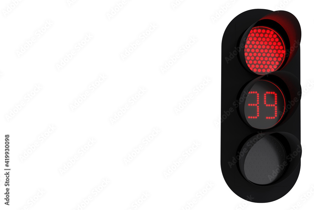 Red traffic light with a seconds countdown timer. Modern LED traffic light isolated on white
