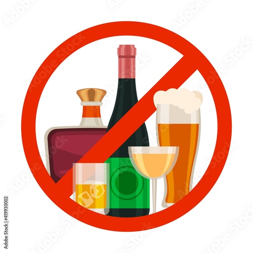 No alcohol icon. Alcoholic drink prohibition sign with cartoon beer glass, wine and whiskey bottle in red circle. Ban beverage vector symbol