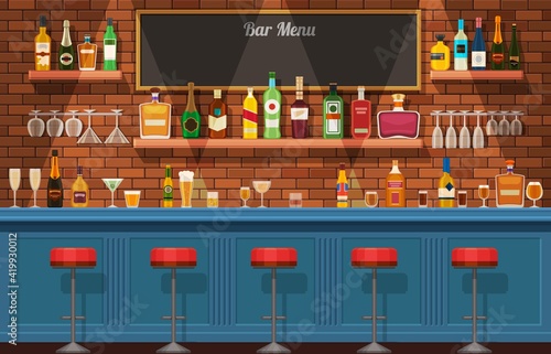 Bar counter. Pub or nightclub interior with table and chairs. Bottles and glasses with alcoholic drinks. Flat alcohol shelves vector concept