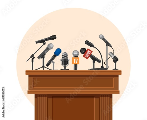 Press conference podium. Tribune for debate speaker with journalist microphone. Platform for interview or public announcement vector concept