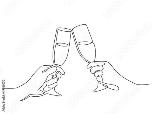 Continuous line champagne cheers. Hands toasting with wine glasses with drinks. Linear people celebrate christmas or birthday vector concept