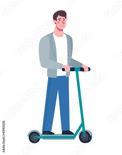The guy is riding an electric scooter. Eco-friendly alternative transportation, green lifestyle. Vector illustration of a man. Flat style on transparent background.