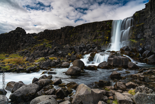 thingvellir National Park Iceland. Famous waterfall long exposure on a partly cloudy day