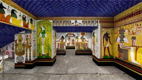 3d Rendering Animation Of A Tomb with old wallpaintings in ancient Egypt. photo