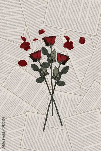 Red roses and novel papers illustration. Vector illustration