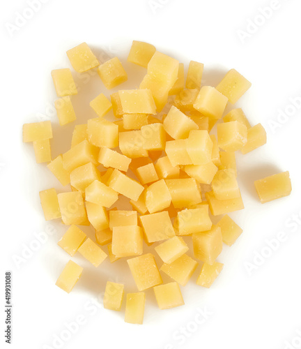 pieces of hard cheese isolated on white background