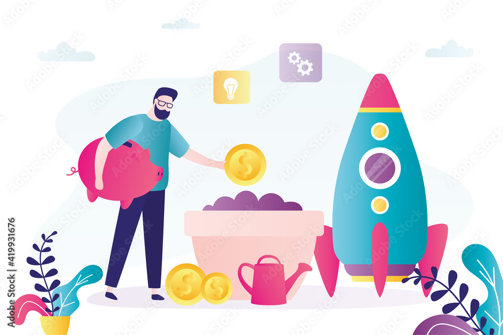 Fototapeta premium Entrepreneur with saving invests in successful future. Businessman planting money tree in pot