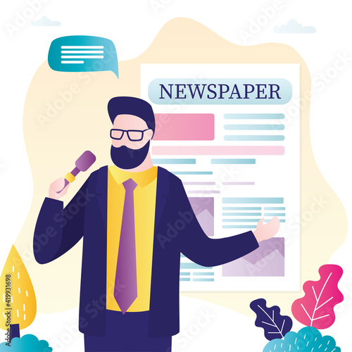 Newspaper reporter tells breaking news. Journalist with microphone. Male character works in press. Newspaper employee collects information for publication.