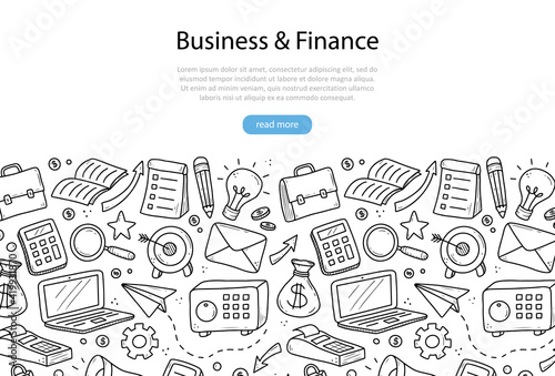 Hand drawn banner of business and finance elements, coin, calculator, piggy, money. Doodle sketch style. Business element drawn by digital pen. Illustration for banner, flyer, frame design template.